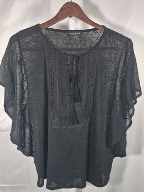 Black Boho Embroidered Tassel Tie Top, XL, Sheer Floral Sleeve Blouse